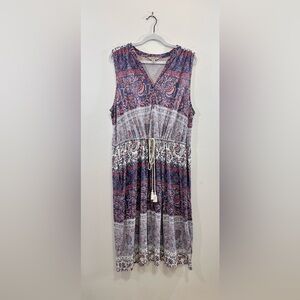 Lucky Brand Boho Midi Dress 2X Plus Size | Drawstring Waist Lightweight Viscose